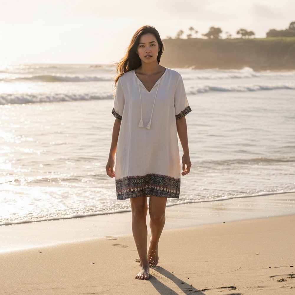 Made In Italy 100% Linen Coastal Boho Chic Resortwear Quiet Luxury Tunic Dress M